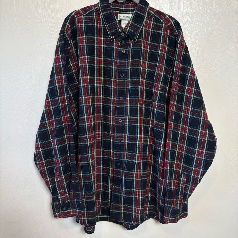 L.L. Bean Mens Shirt Flannel 100% Cotton Green‎ Red Button Down Plaid  XXL